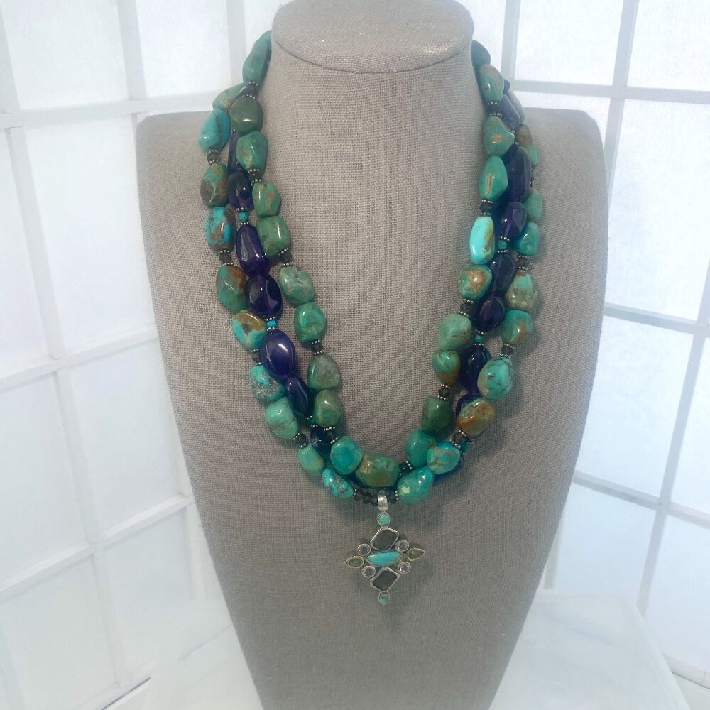 Vintage 80s Western Native American Turquoise and Amethyst Stones Necklace